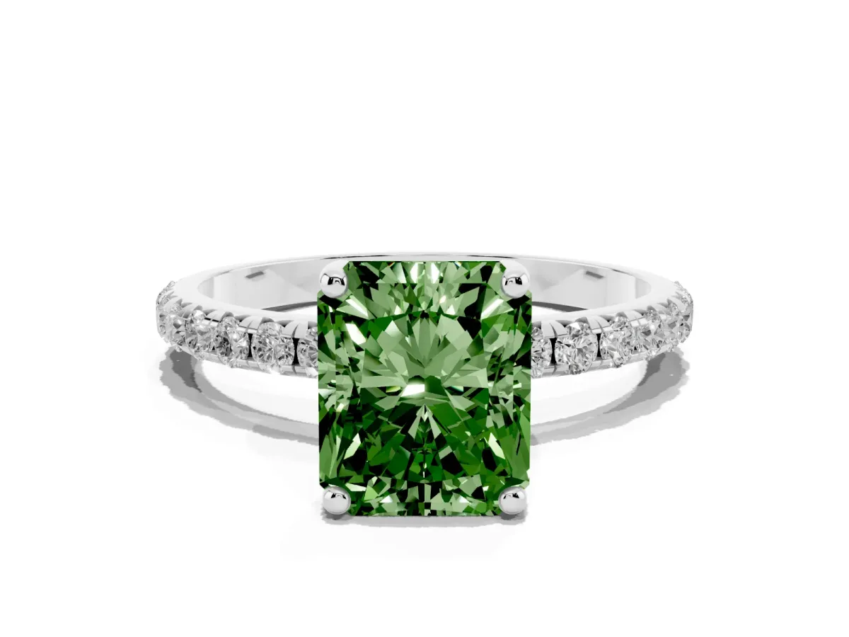 Fancy Green Radiant Cut Cut Diamond Solitaire Ring with Micro Pave Band and Four Prong Setting Platinum