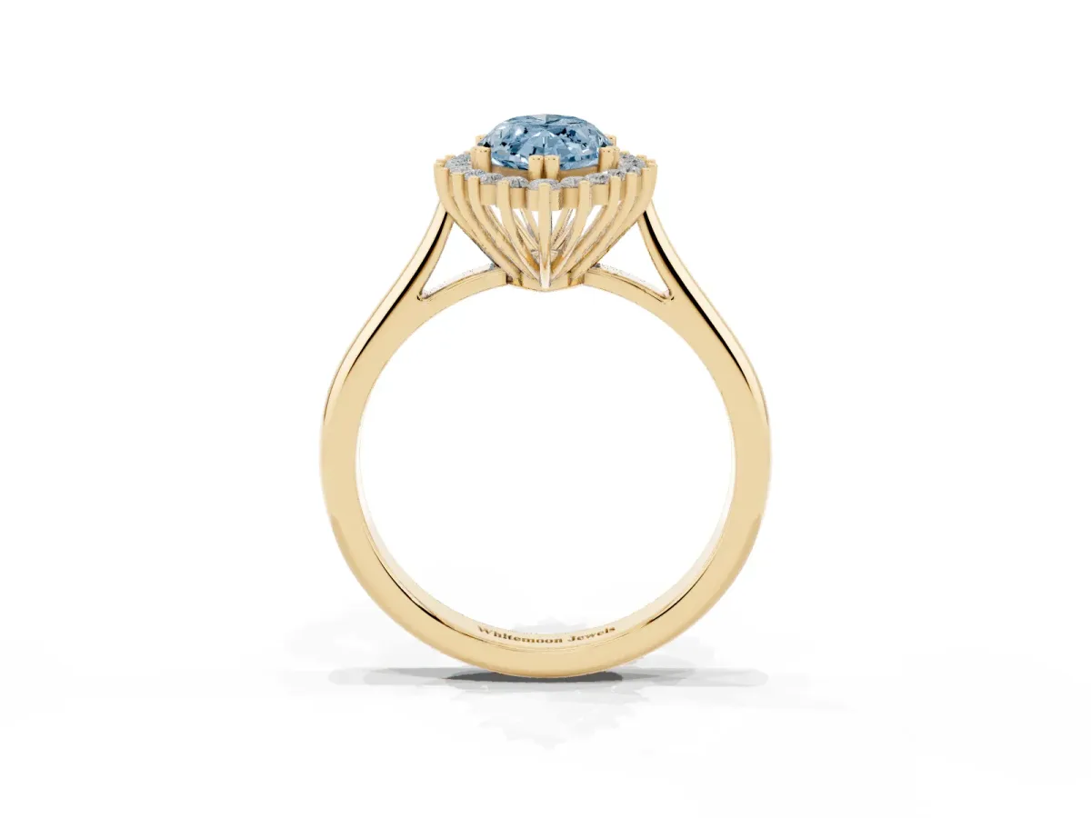 Fancy Blue Marquise Cut Cut Diamond Halo Ring with Solitaire Band and Prong Setting Yellow gold
