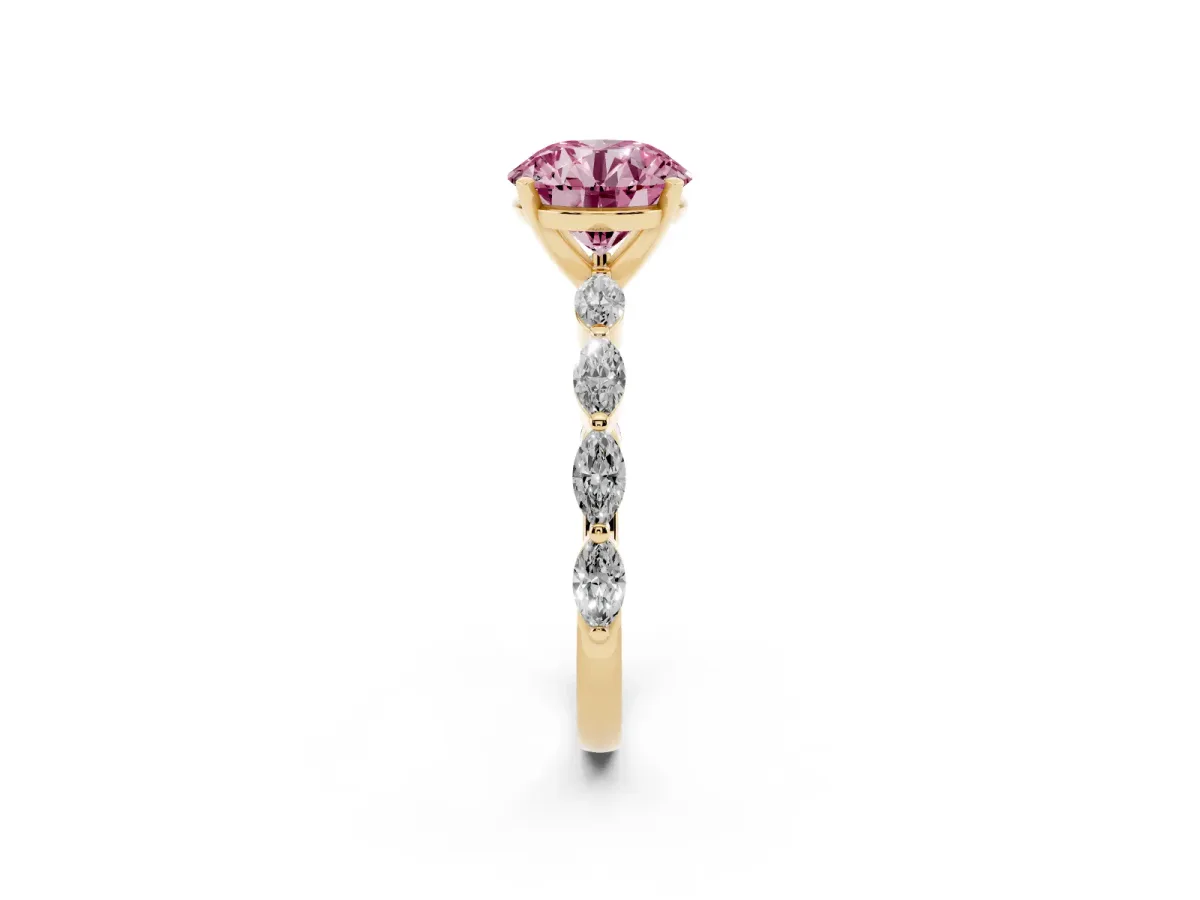 Fancy Pink Round Cut Diamond Ring with Marquise Side Stones and Prong Setting Yellow gold