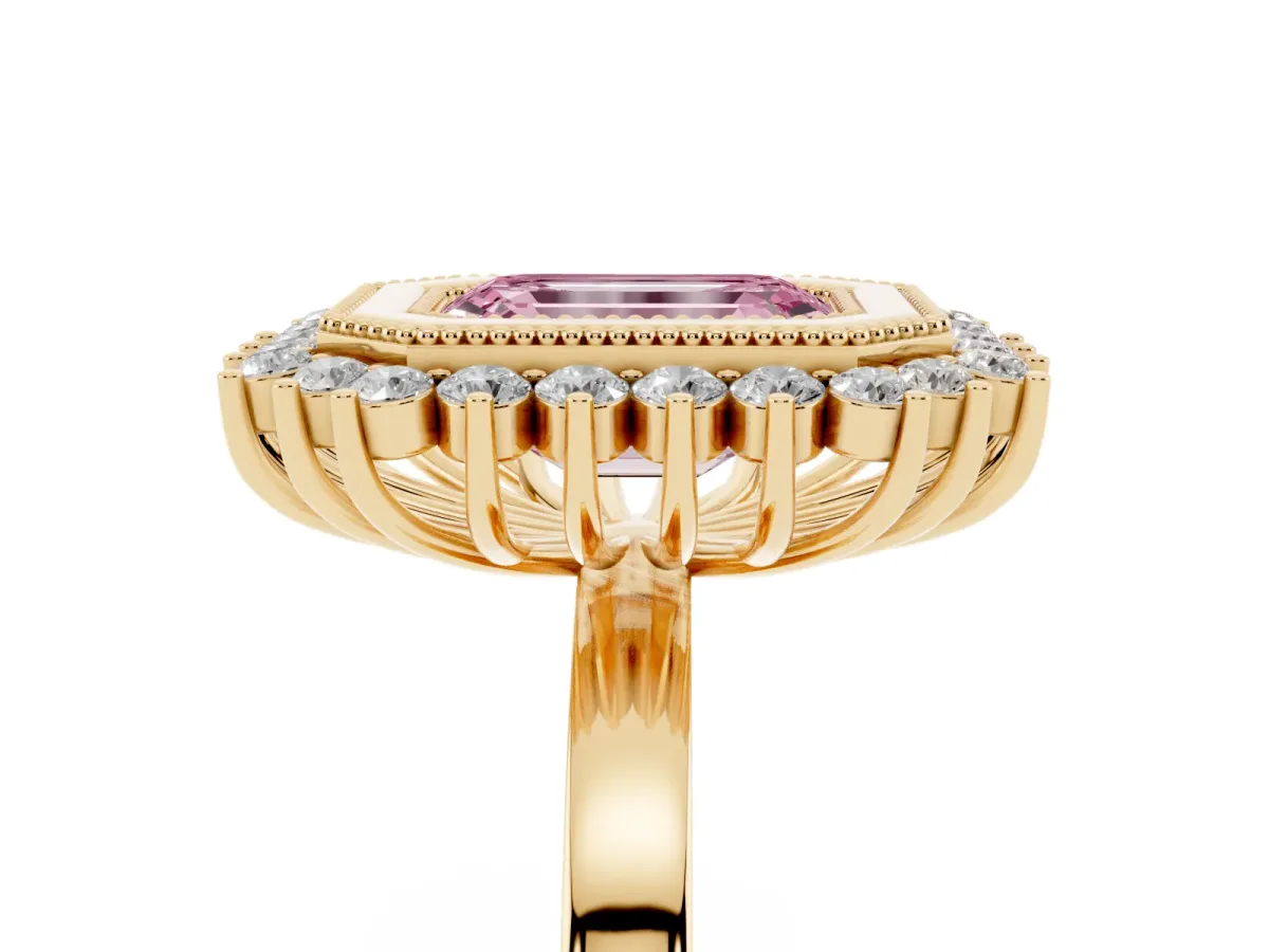 Fancy Pink Emerald Cut Halo Diamond Ring with Milgrain Edge and Round Prong Setting Yellow gold