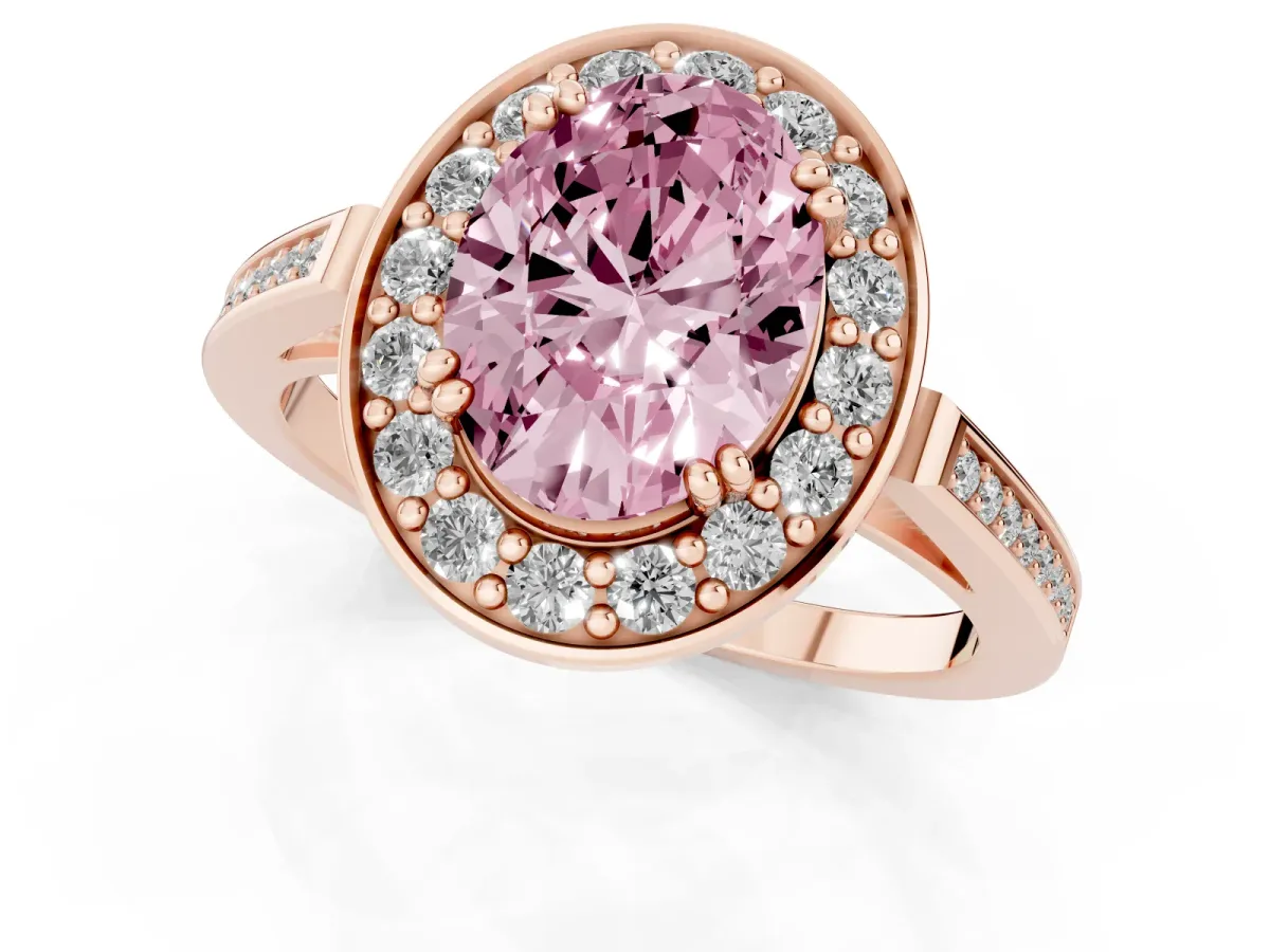 Fancy Pink Oval Cut Diamond Halo Ring with Split Shank and Four-Prong Setting Rose gold