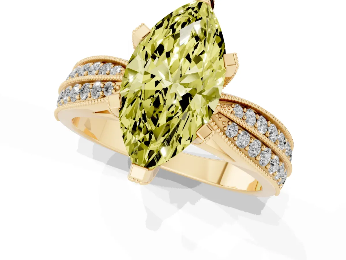 Fancy Yellow Marquise Cut Diamond Solitaire Ring with Milgrain Round Pavé Band and Prong Setting Yellow gold