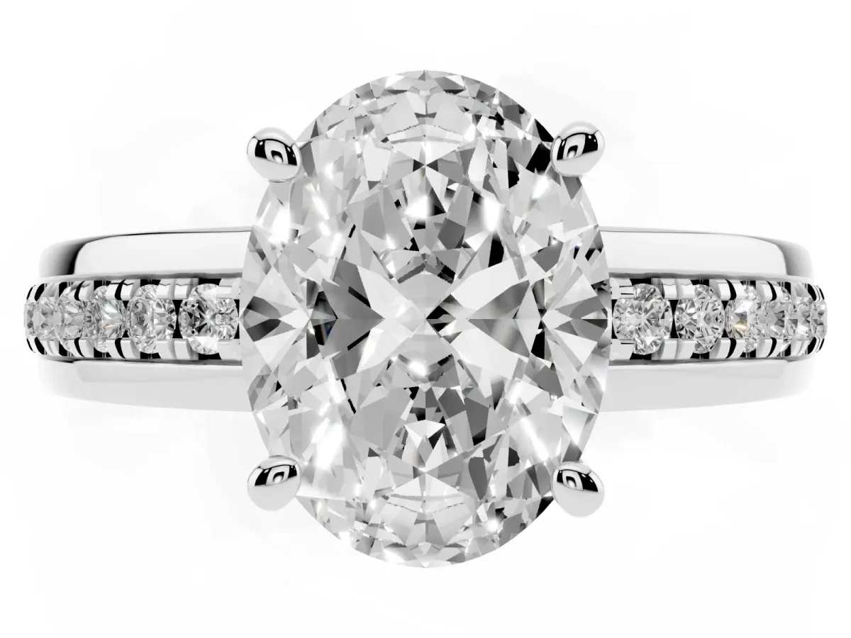 Oval Cut Solitaire Diamond Ring with Channel Set Band and Six-Prong Setting Silver