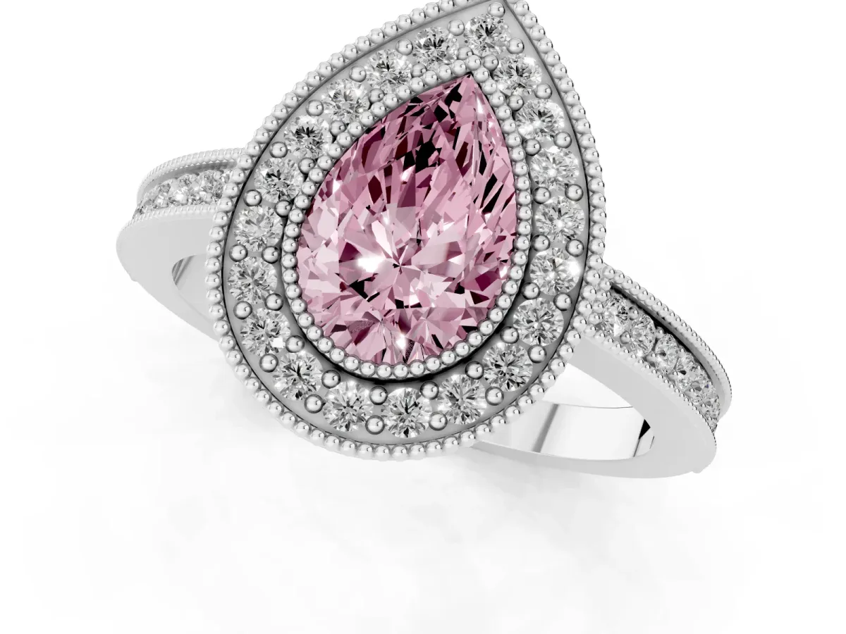 Fancy Pink Pear Cut Cut Halo Diamond Ring with Pavé Band and Milgrain Prong Setting Platinum