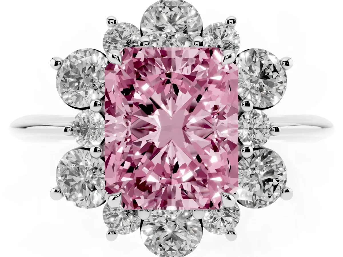 Fancy Pink Radiant Cut Diamond Cluster Halo Ring with Solitaire Band and Four-Prong Setting Silver