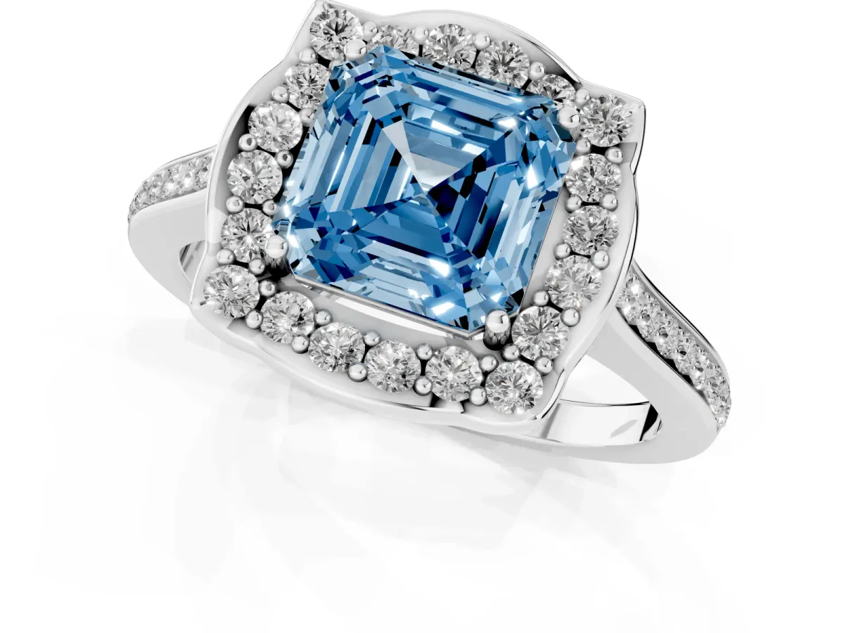 Fancy Blue Asscher Cut Halo Round Diamond Pave Band with Four-Prong Setting Silver