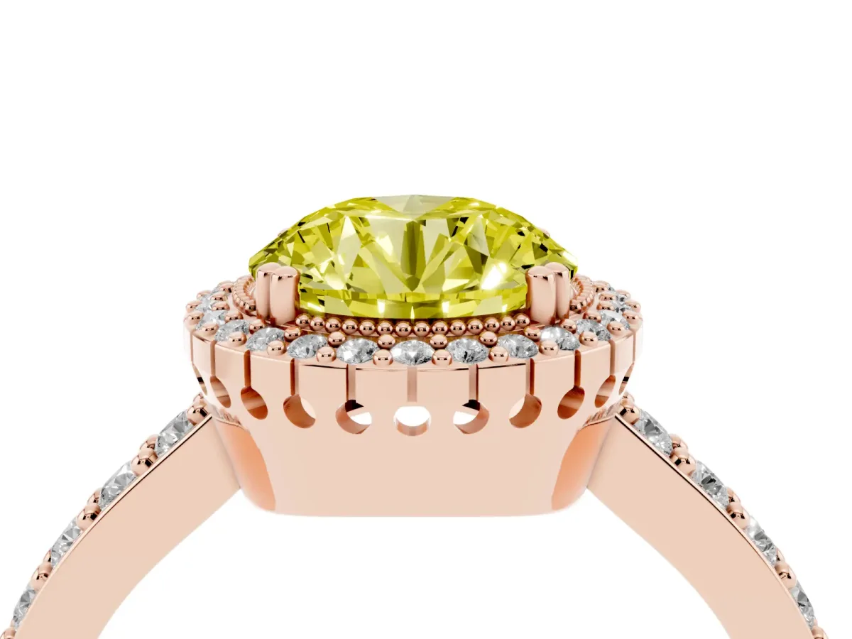 Fancy Yellow Round Cut Cut Diamond Halo Engagement Ring with Milgrain Detail and Pavé Band Rose gold