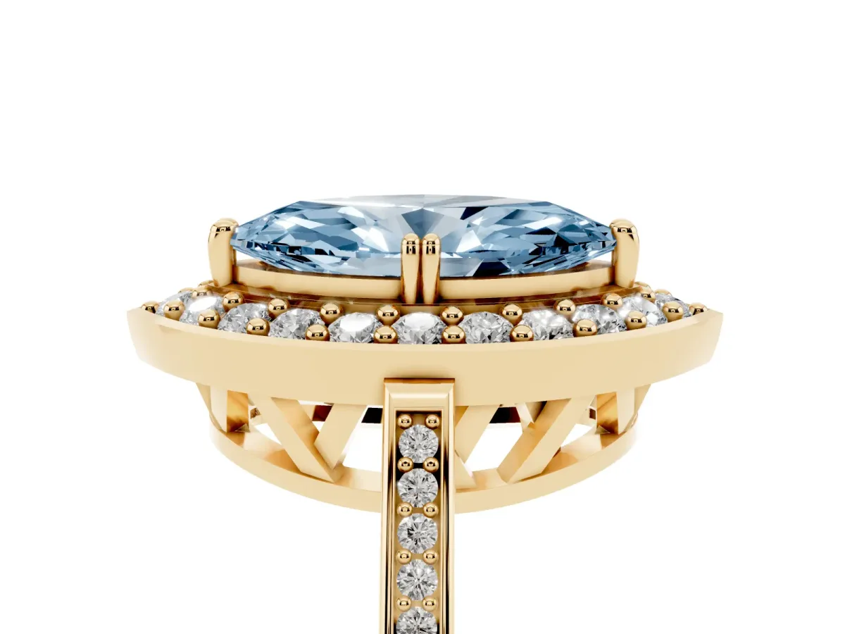 Fancy Blue Marquise Cut Diamond Halo Ring with Split Shank and Four-Prong Setting Yellow gold