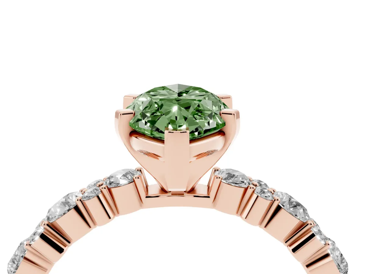 Fancy Green Marquise Cut Diamond Side Stone Solitaire Ring with Round and Four-Prong Setting Rose gold