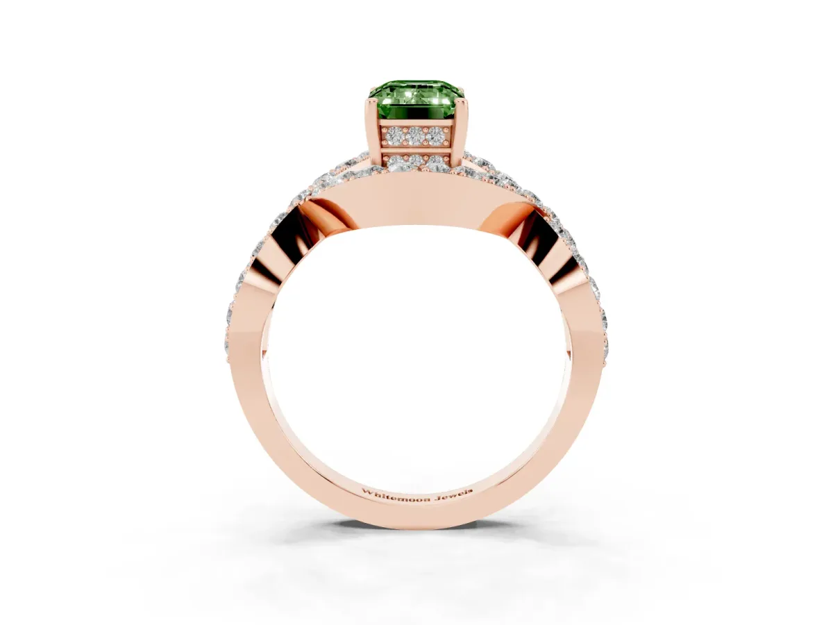 Fancy Green Emerald Cut Solitaire Twist Band Pavé Diamond Engagement Ring Rose gold