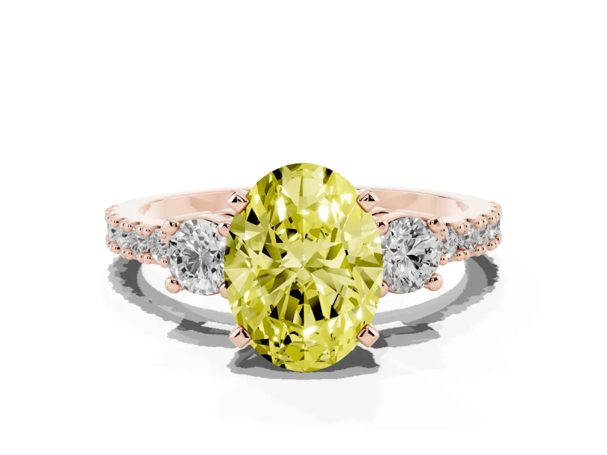 Fancy Yellow Oval Cut Three-Stone Diamond Pavé Band with Prong Setting Rose gold