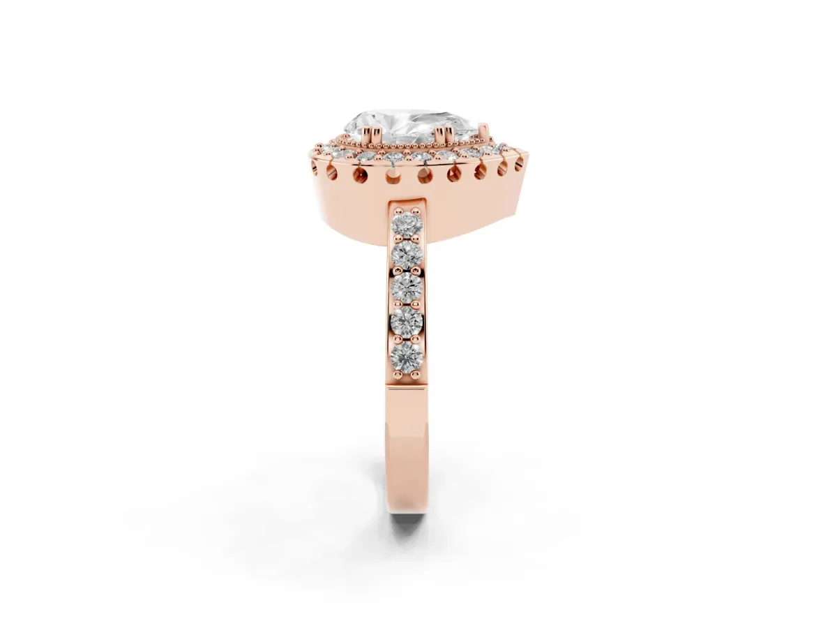 Pear Cut Diamond Halo Ring with Pavé Band and Prong Setting Rose gold