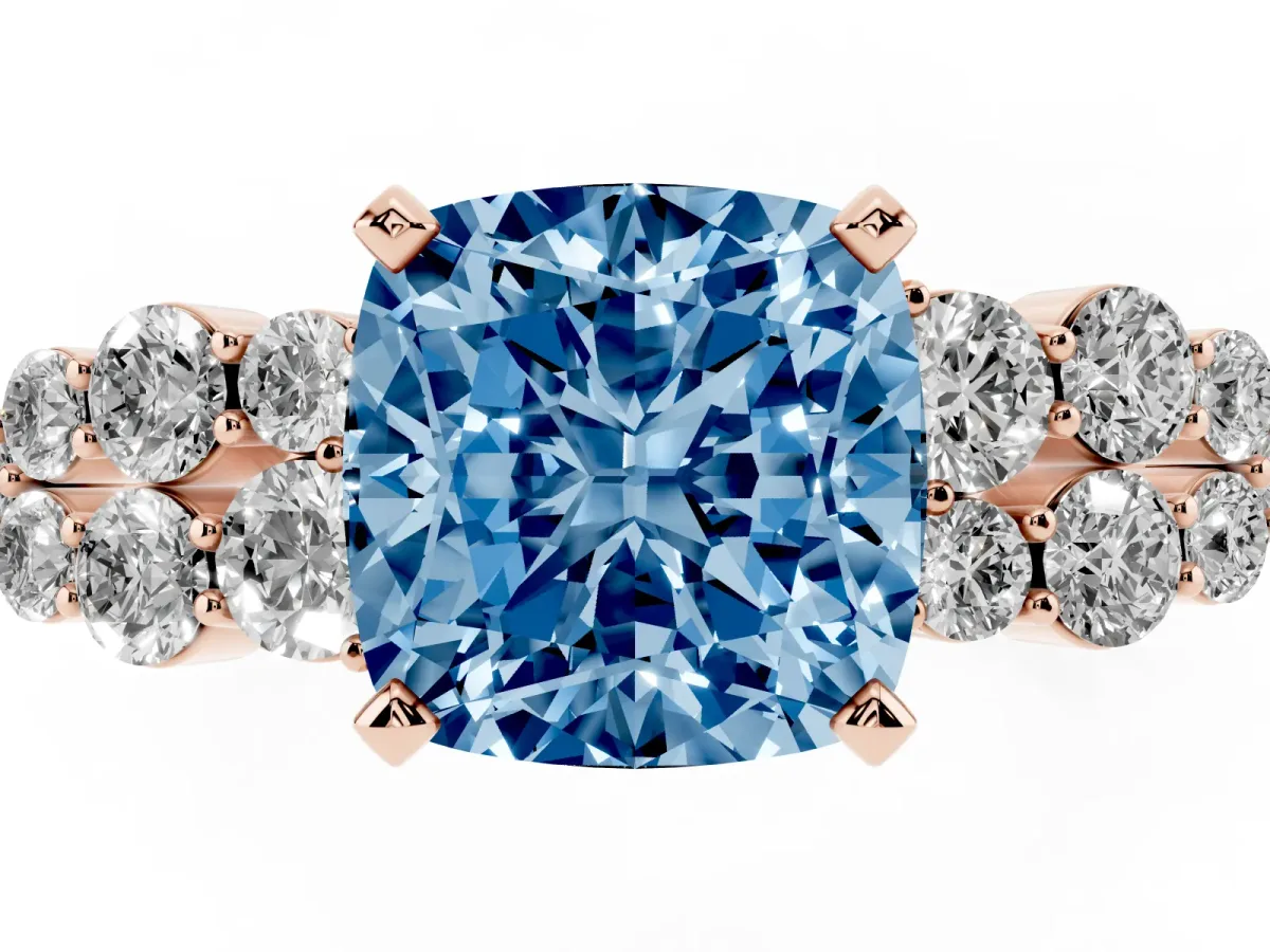 Fancy Blue Cushion Cut Cluster Diamond Engagement Ring with Pavé Band and Four-Prong Setting Rose gold