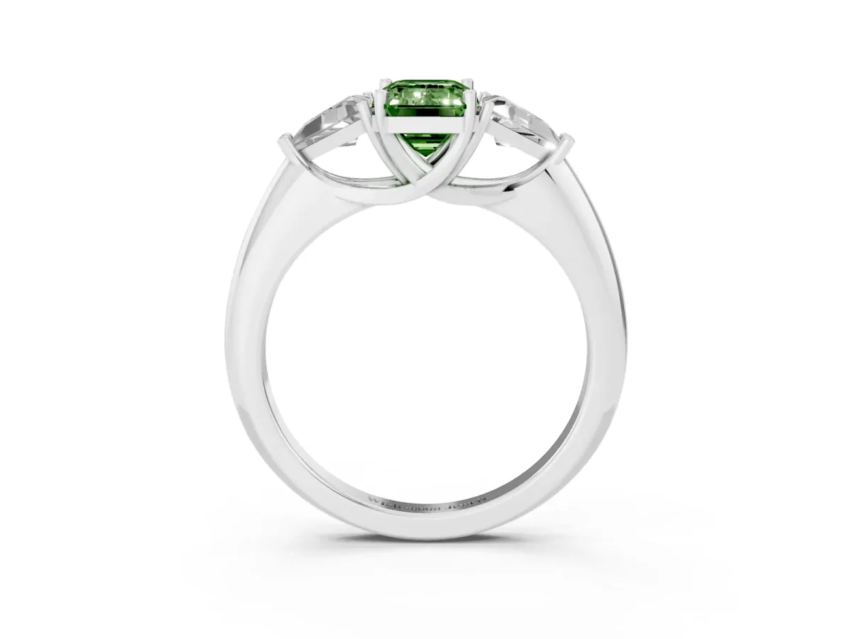 Fancy Green Three-Stone Emerald Cut Diamond Engagement Ring with Trillion Side Stones and Prong Setting Silver