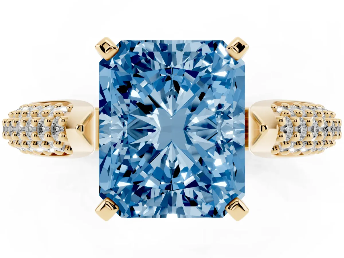 Fancy Blue Radiant Cut Diamond Solitaire Engagement Ring with Multi-Row Round Pavé Band and Prong Setting Yellow gold