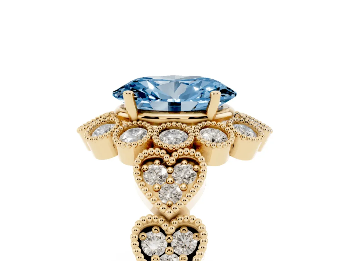 Fancy Blue Oval Cut Brilliant Milgrain Pave Heart Band Solitaire Ring Yellow gold