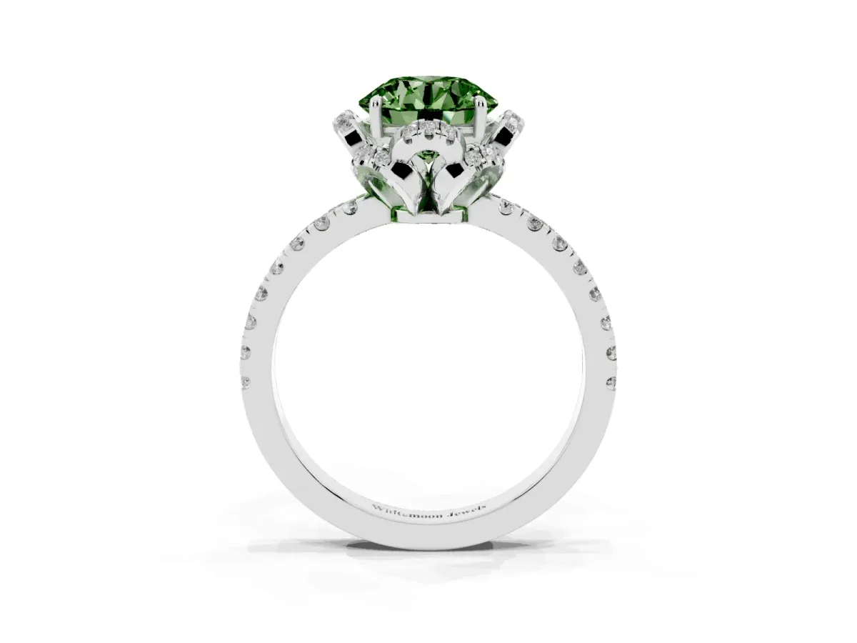 Fancy Green Round Cut Halo Diamond Pave Band Ring with Four-Prong Setting Silver