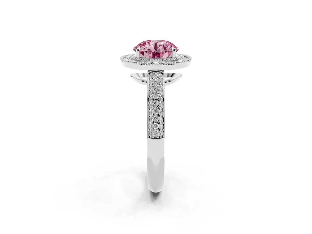 Fancy Pink Round Cut Cut Halo Diamond Pave Band with Four-Prong Setting Silver
