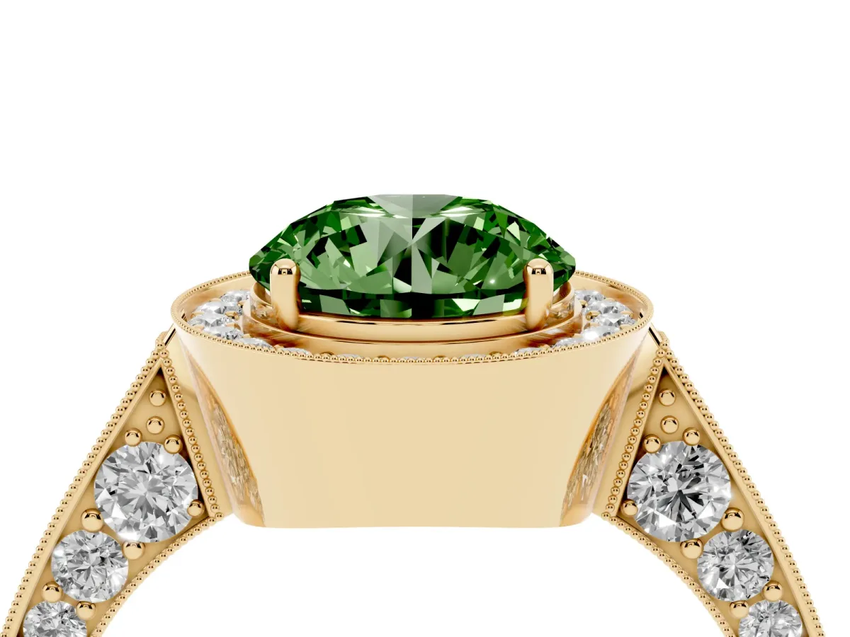Fancy Green Round Cut Halo Diamond Engagement Ring with Split Shank Band and Four-Prong Setting Yellow gold