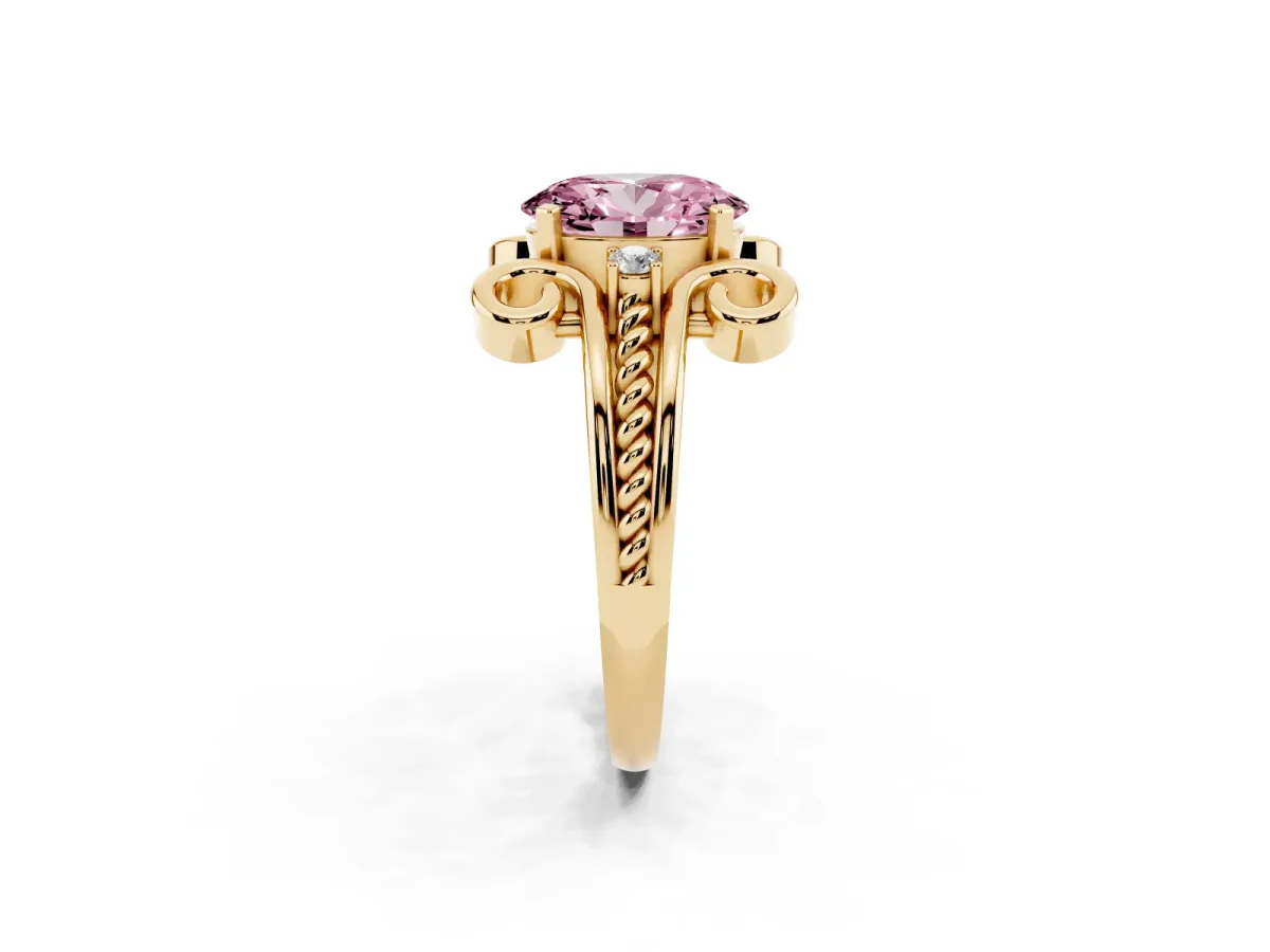 Fancy Pink Oval Cut Solitaire Twisted Band Scroll Prong Ring Yellow gold