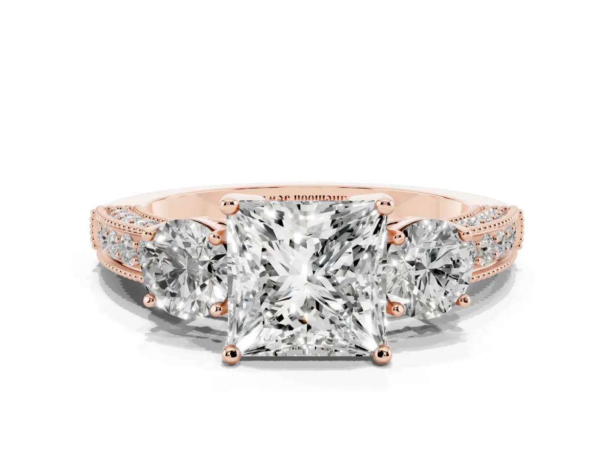 Princess Cut Three-Stone Diamond Ring with Pavé Band and Four-Prong Setting Rose gold