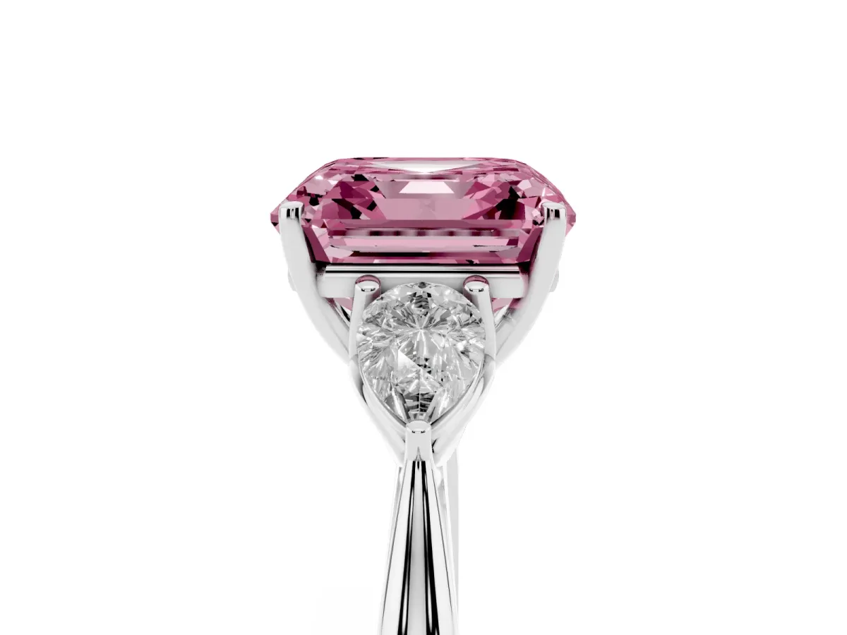 Fancy Pink Three-Stone Asscher Cut Brilliant Diamond Solitaire Ring with Tapered Band and Four-Prong Setting Platinum