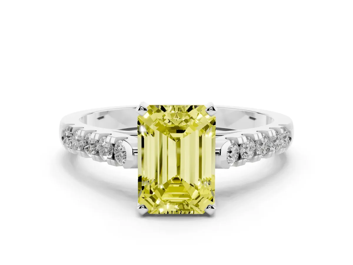 Fancy Yellow Emerald Cut Diamond Pavé Band Solitaire Ring with Prong Setting Silver
