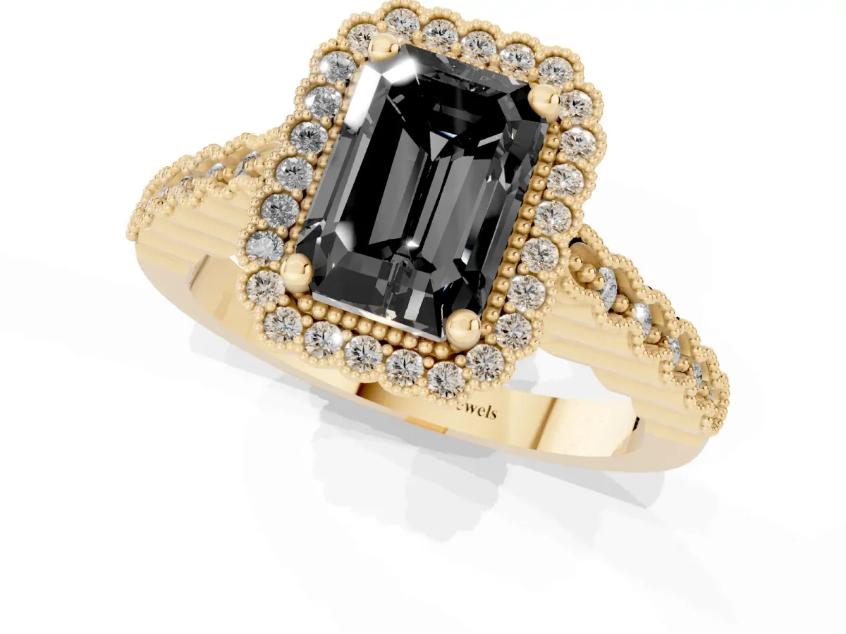 Fancy Black Radiant Cut Cut Halo Pavé Solitaire Ring with Milgrain Band Yellow gold