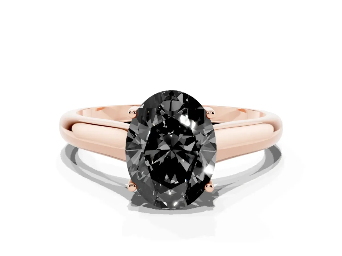 Fancy Black Oval Cut Solitaire Engagement Ring with Tapered Band and Four-Prong Setting Rose gold