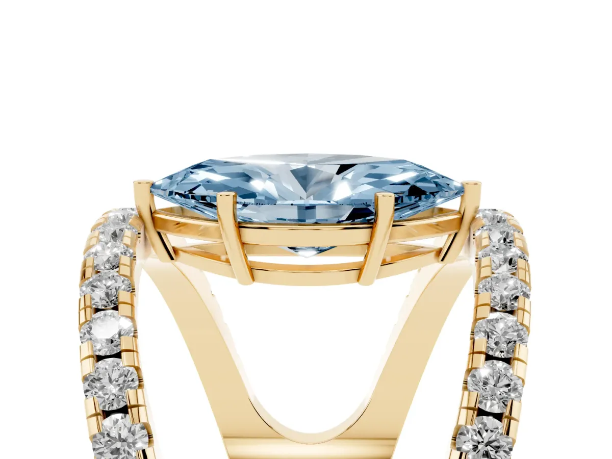 Fancy Blue Marquise Cut Solitaire Split Shank Pave Diamond Ring Yellow gold