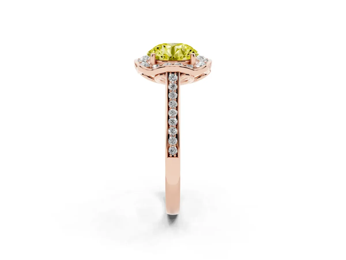 Fancy Yellow Round Cut Halo Round Diamond Pave Band with Four-Prong Setting Rose gold