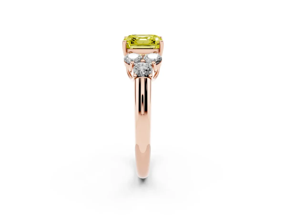 Fancy Yellow Asscher Cut Cut Diamond Cluster Ring with Round Accent Stones and Prong Setting on a Classic Band Rose gold