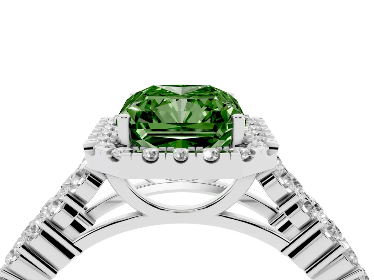 Fancy Green Radiant Cut Diamond Halo Engagement Ring with Triple Row Round Pavé Band and Prong Setting Silver