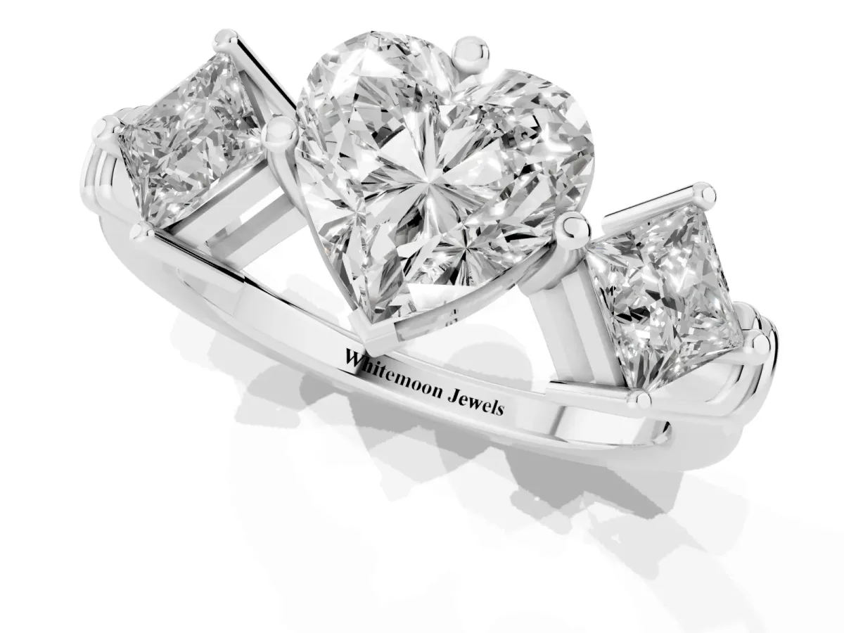 Three-Stone Heart Cut and Princess Cut Diamond Ring with Channel Band and Four-Prong Setting White gold