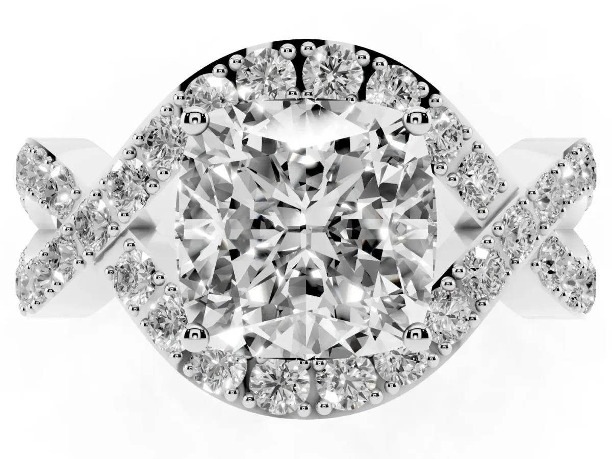 Cushion Cut Solitaire Twist Band Pavé Diamond Engagement Ring Silver