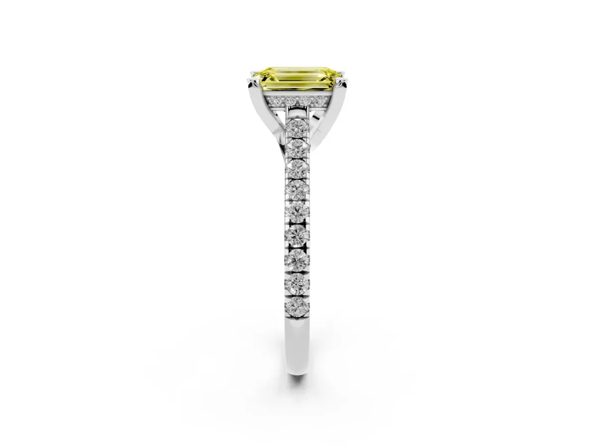 Fancy Yellow Emerald Cut Brilliant Diamond Solitaire with Pavé Band and Four-Prong Setting Platinum