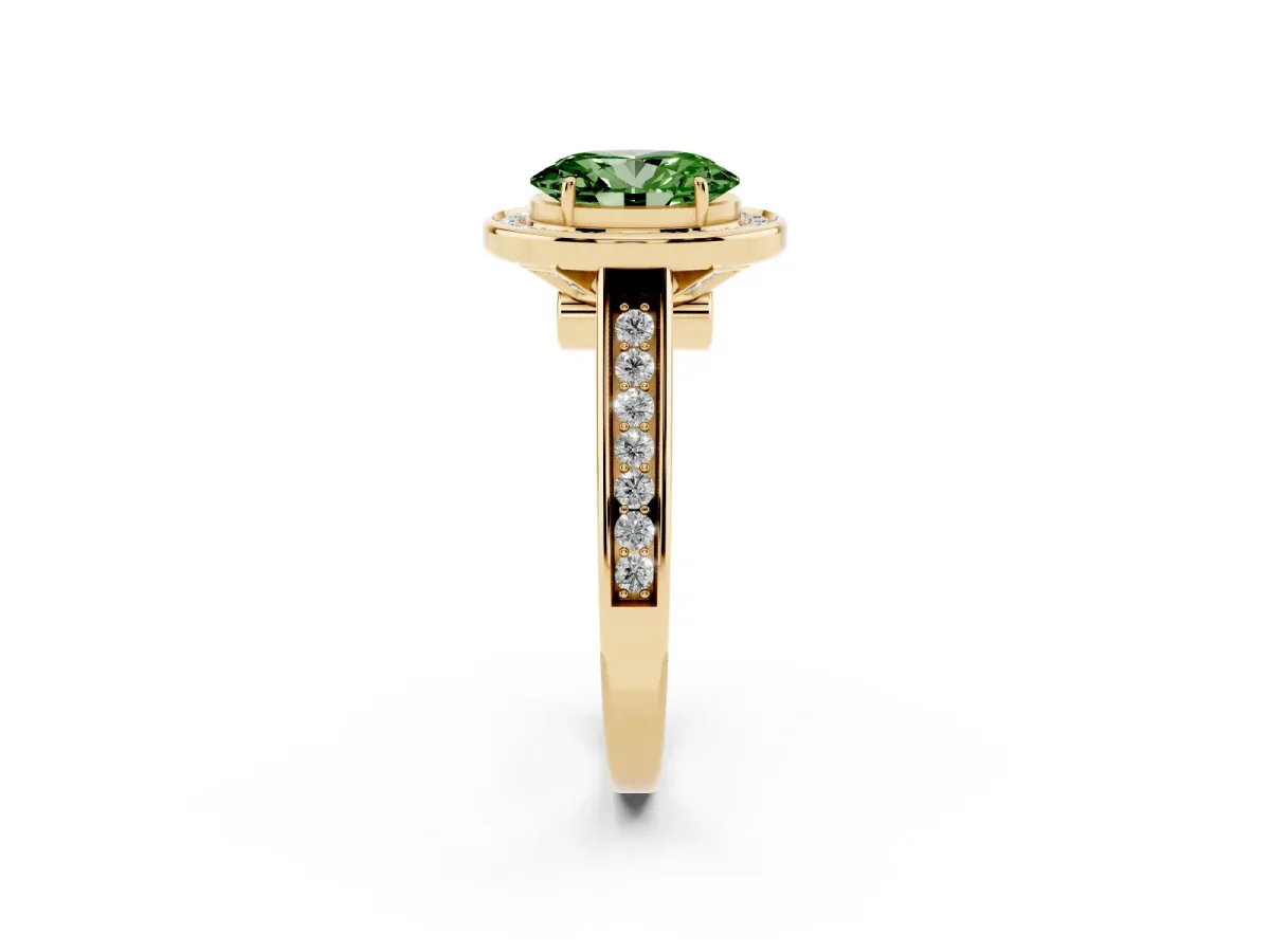Fancy Green Oval Cut Halo Solitaire Diamond Ring with Pave Band and Bezel Setting Yellow gold