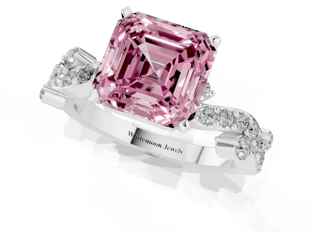 Fancy Pink Asscher Cut Cut Solitaire Diamond Twisted Band with Pave Setting Silver