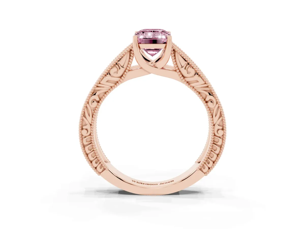 Fancy Pink Emerald Cut Diamond Solitaire Ring with Engraved Band and Four-Prong Setting Rose gold