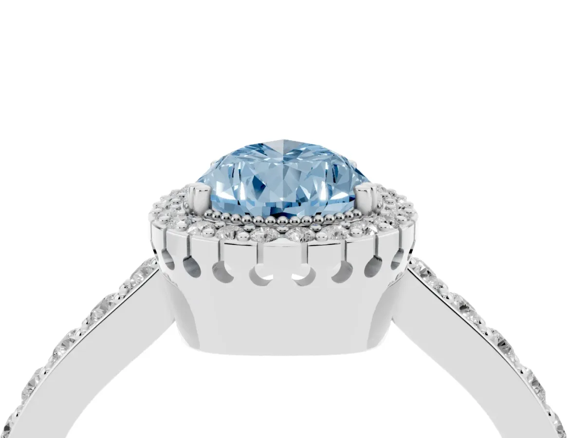 Fancy Blue Pear Cut Cut Diamond Halo Engagement Ring with Milgrain Detail and Pavé Band White gold