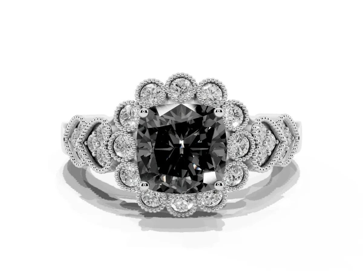 Fancy Black Cushion Cut Brilliant Milgrain Pave Heart Band Solitaire Ring Silver