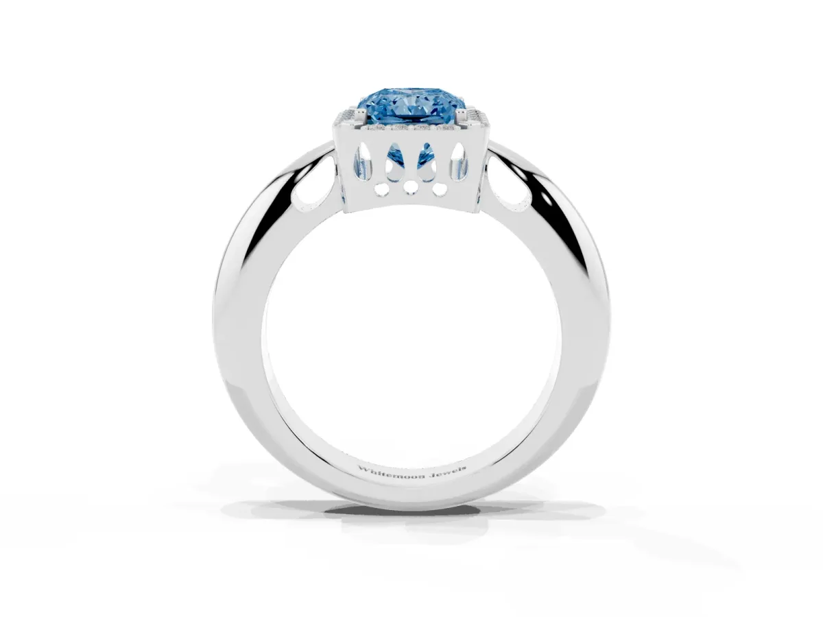 Fancy Blue Radiant Cut Cut Diamond Halo Engagement Ring with Split Shank and Four-Prong Setting Silver