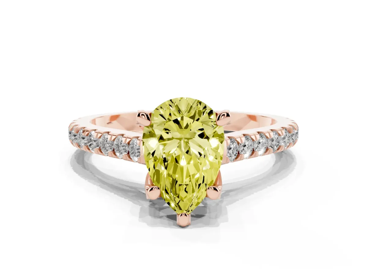 Fancy Yellow Pear Cut Brilliant Diamond Solitaire with Pavé Band and Four-Prong Setting Rose gold