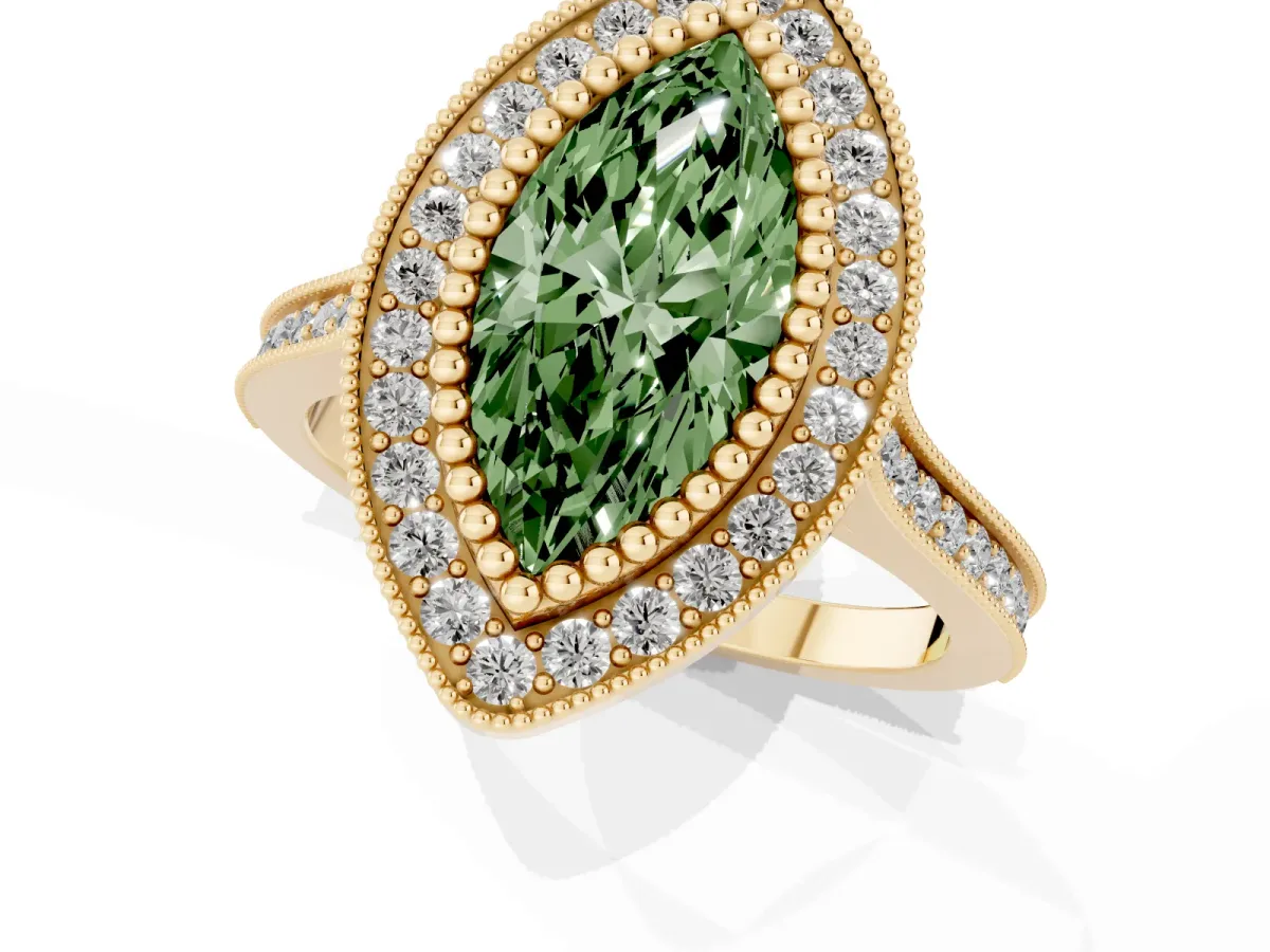 Fancy Green Marquise Cut Diamond Halo Ring with Milgrain Frame and Pavé Band Yellow gold