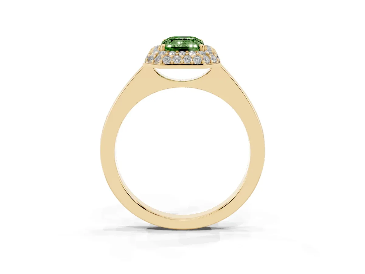Fancy Green Emerald Cut Halo Diamond Engagement Ring with Solitaire Band and Four-Prong Setting Yellow gold