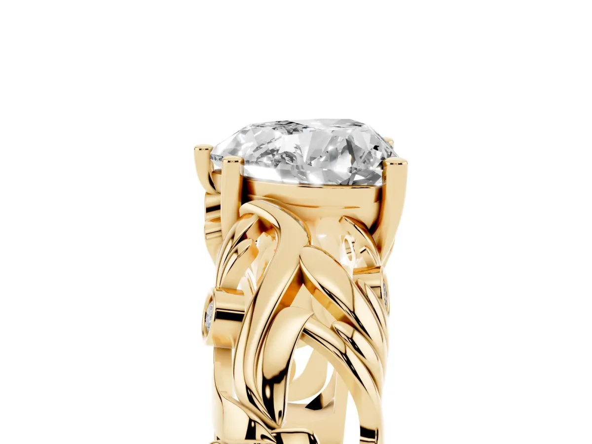 Heart Cut Solitaire Diamond Leaf-Inspired Vine Band Ring with Prong Setting Yellow gold