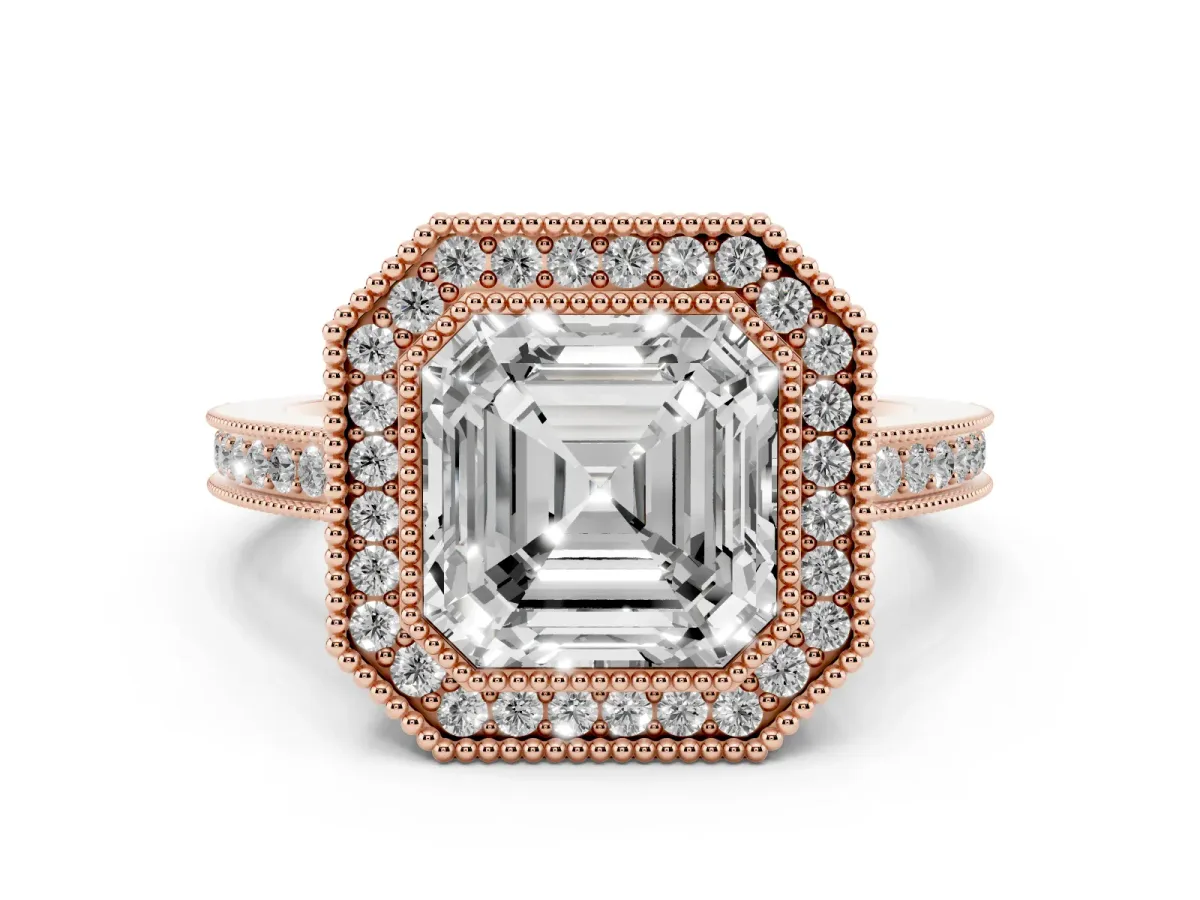 Asscher Cut Cut Halo Diamond Ring with Pavé Band and Milgrain Prong Setting Rose gold