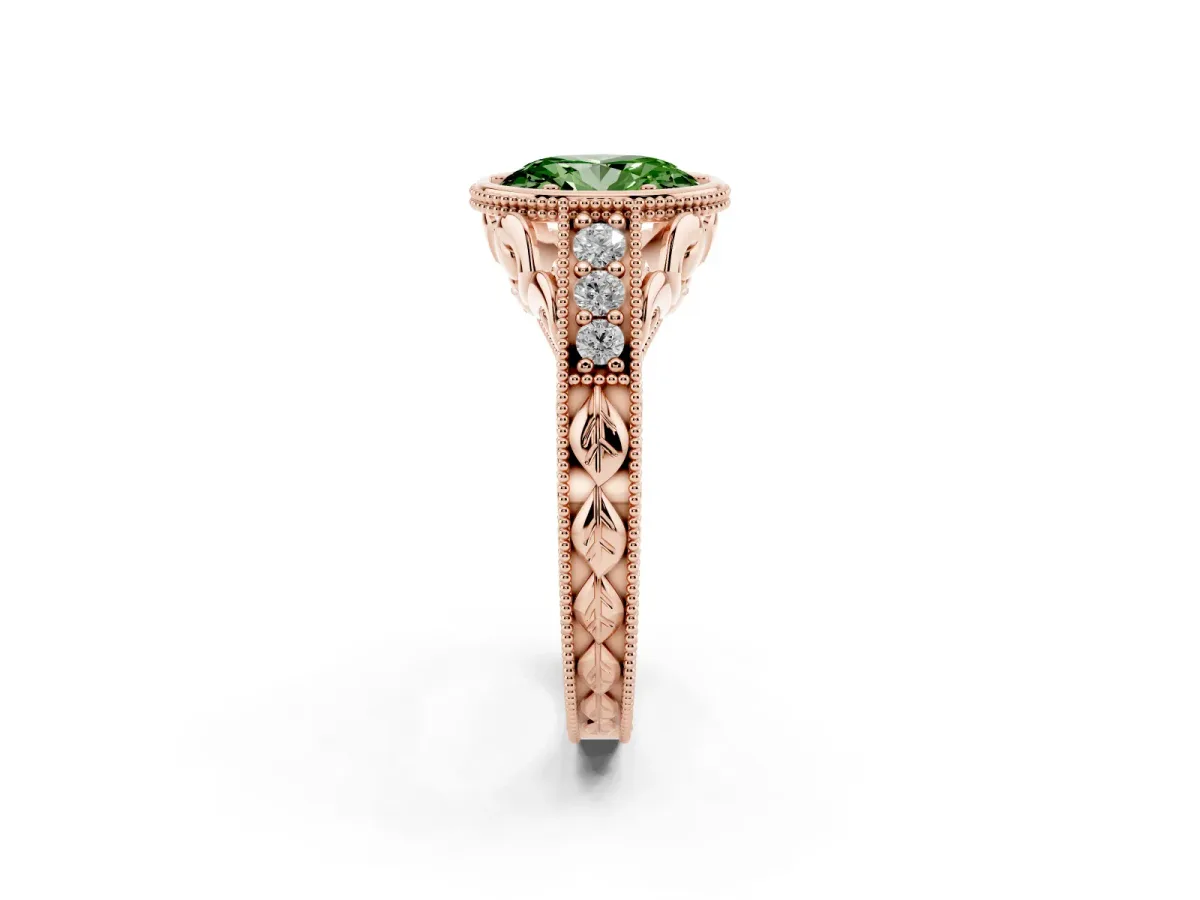 Fancy Green Bezel Set Oval Cut Diamond Milgrain Pave Engagement Ring Rose gold