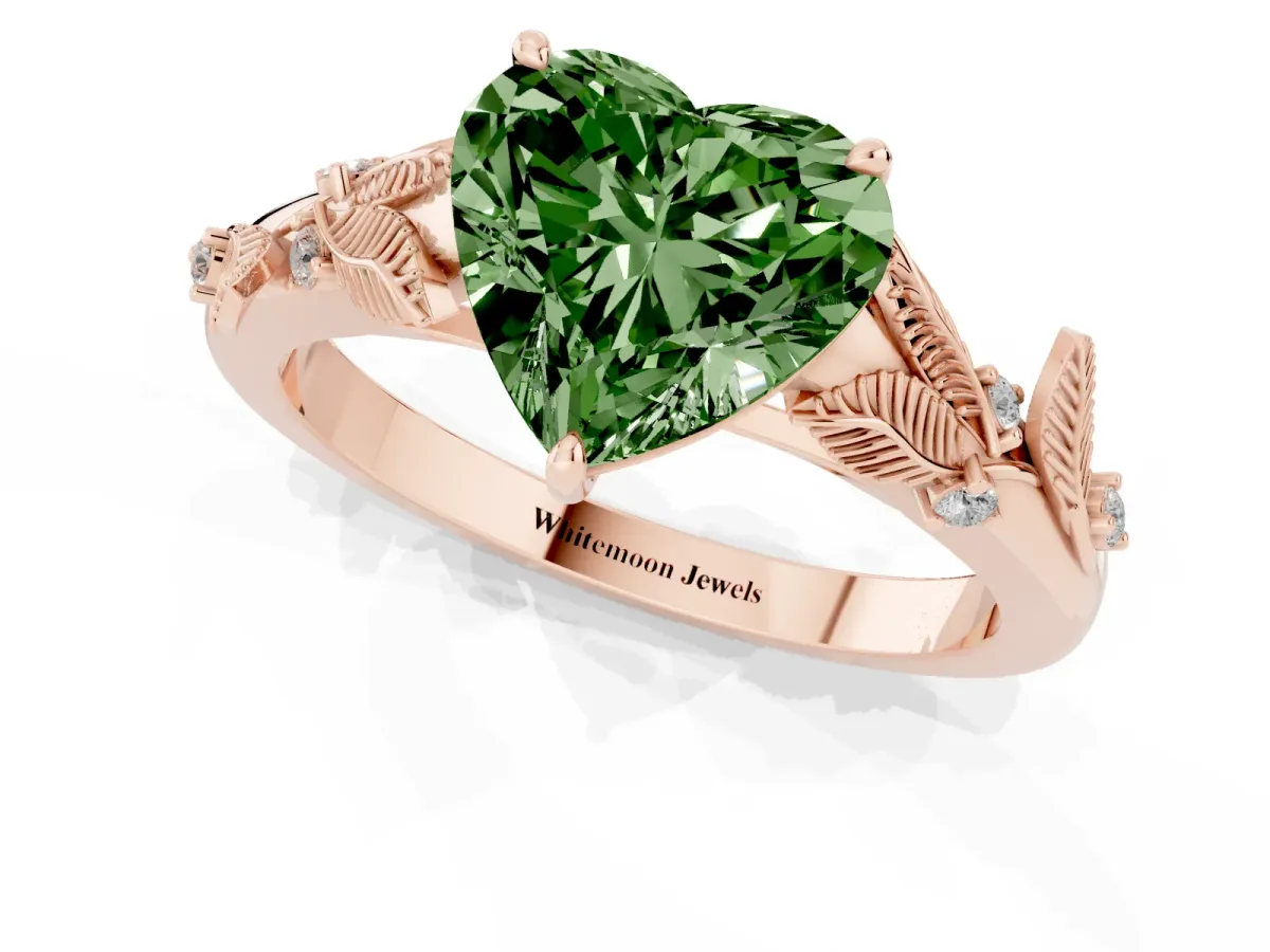 Fancy Green Heart Cut Diamond Solitaire Ring with Leaf Motif Band and Four-Prong Setting Rose gold