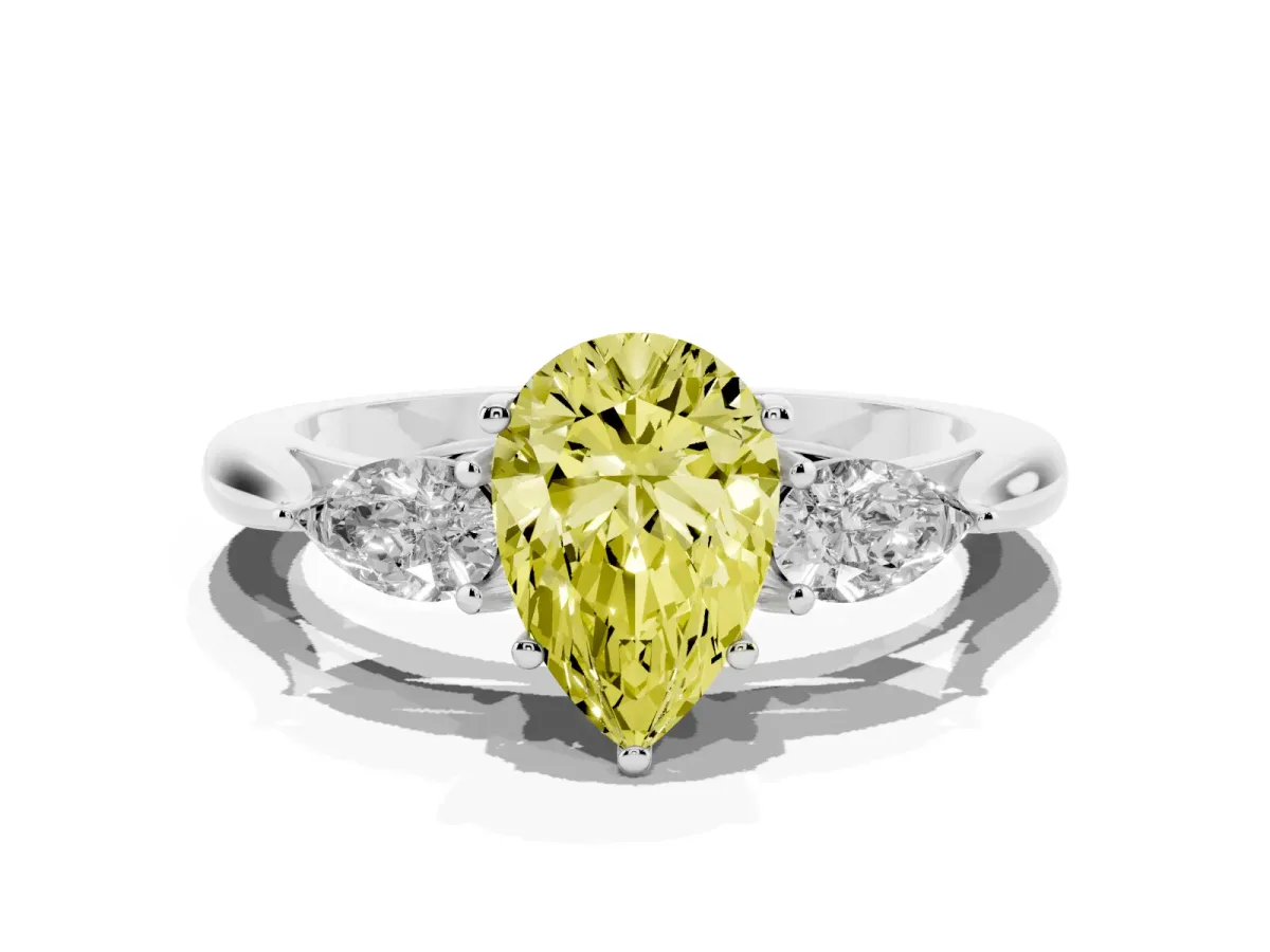 Fancy Yellow Three-Stone Pear Cut Brilliant Diamond Solitaire Ring with Tapered Band and Four-Prong Setting Platinum